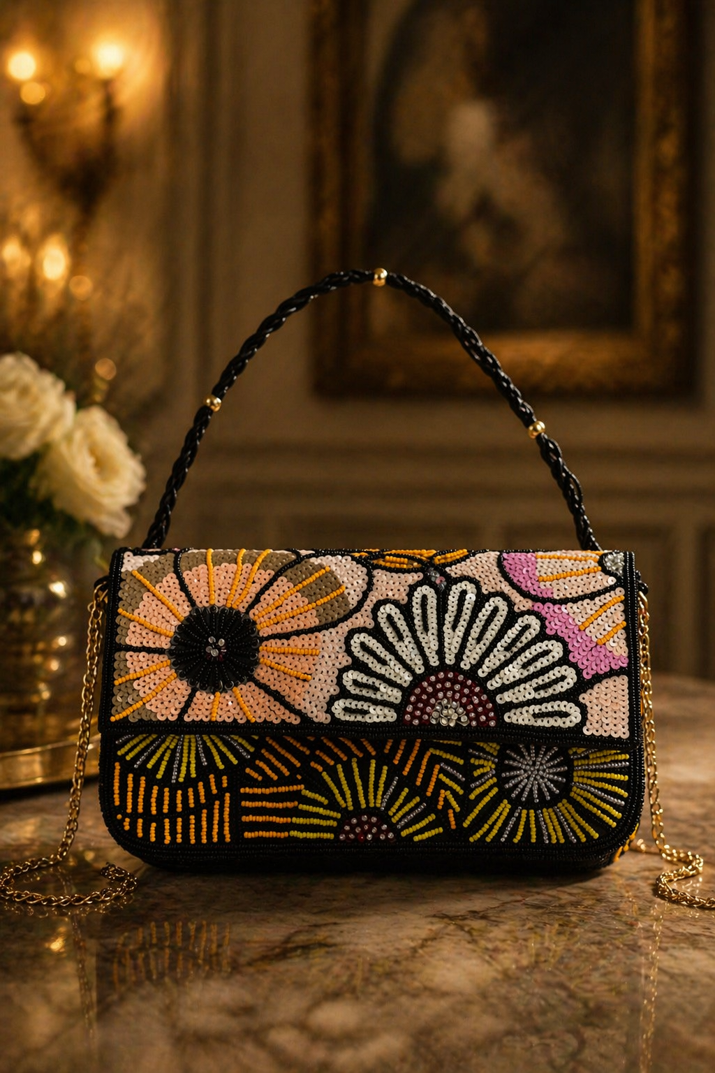 Midnight black Floral Embellished Bag