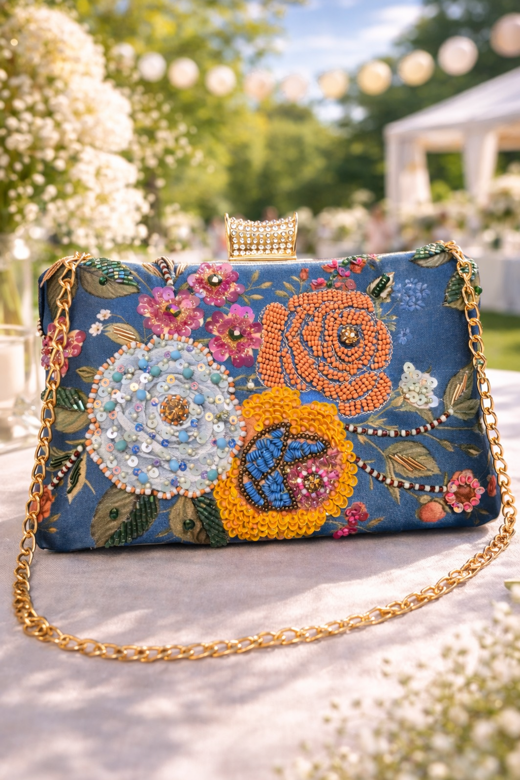 Blue Floral Embroidered Clutch Bag