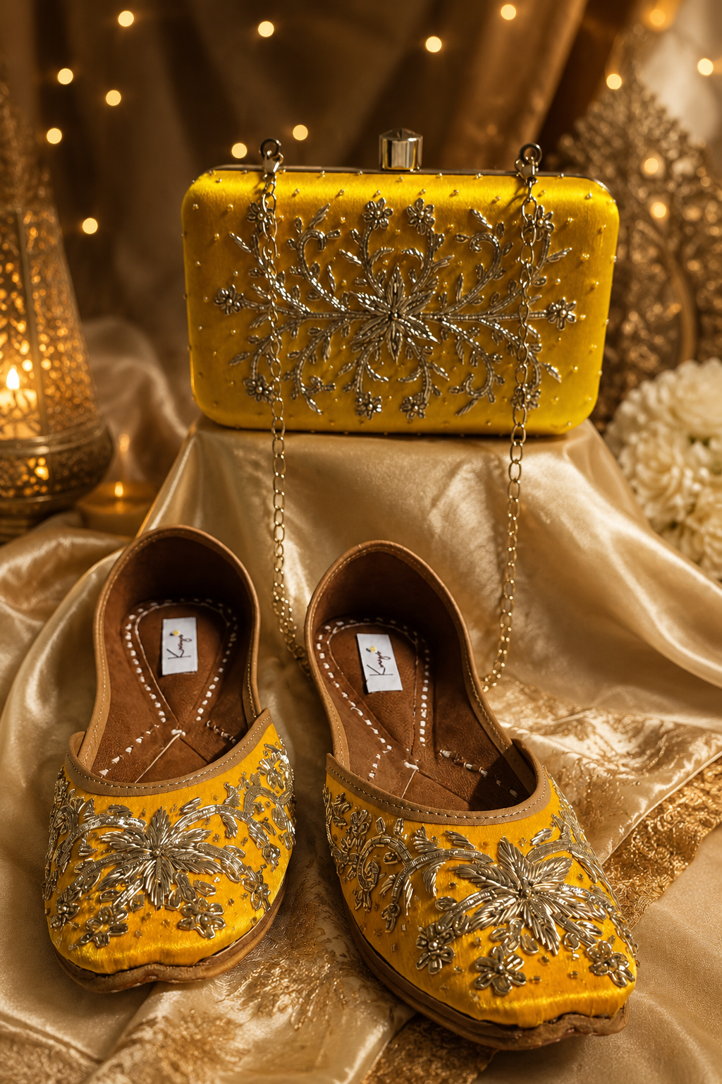 Mustard Yellow gold Jutti & Clutch Combo