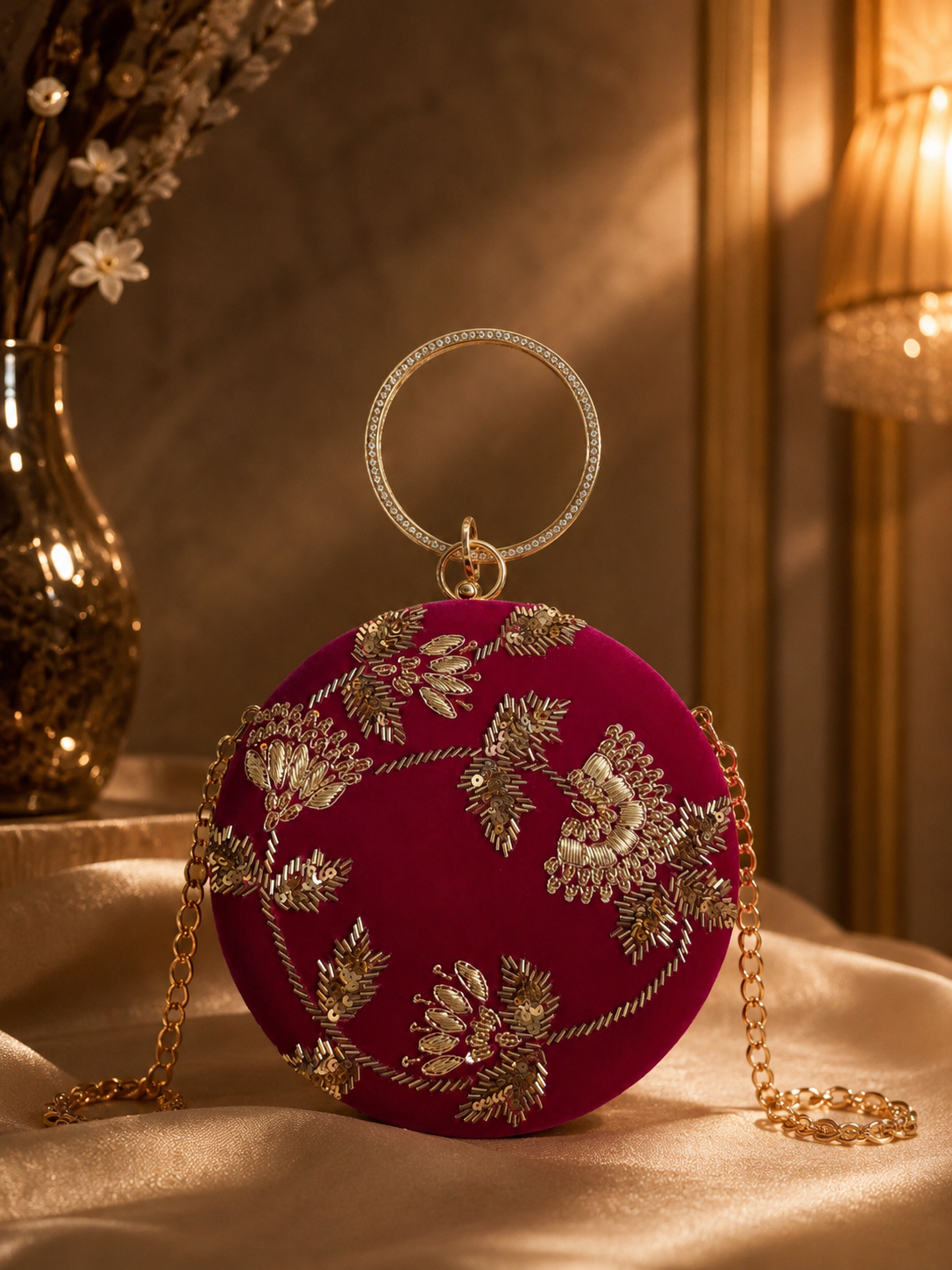 Round Embellished Velvet Clutch – Pink