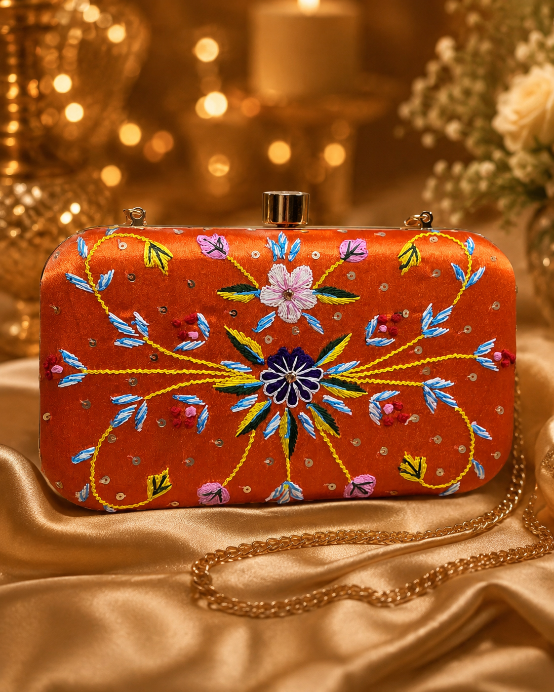 Amber Bloom Embroidered Clutch