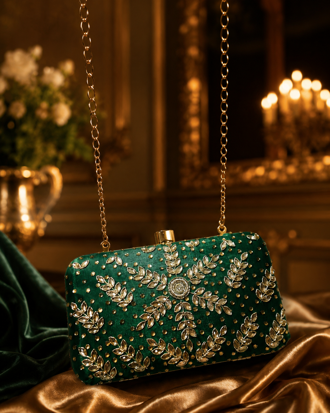 Green Embroidered Party Clutch
