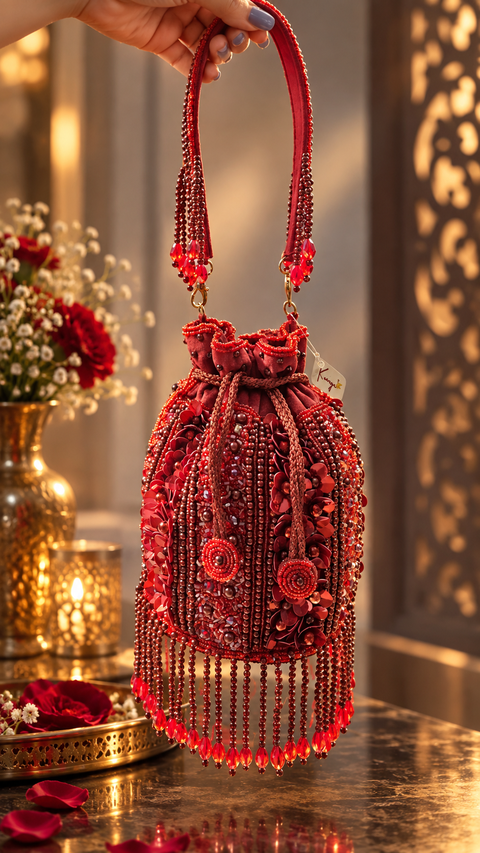 Crimson Royale – Hand-Embellished Beaded Potli Bag