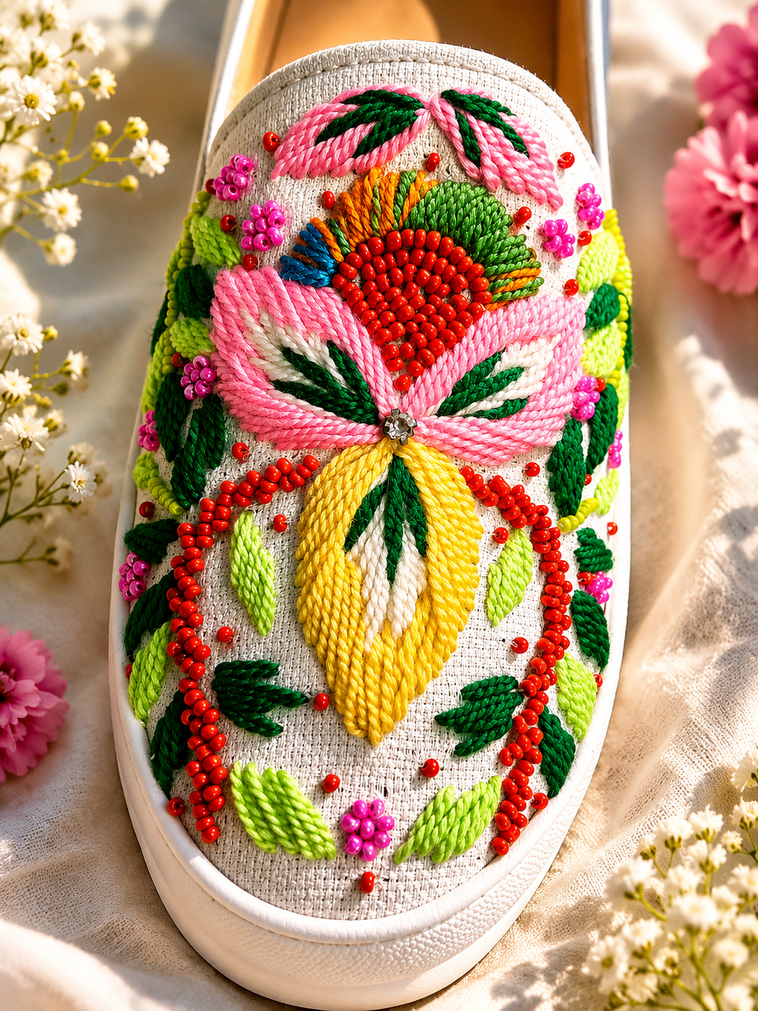 White Handcrafted Embroidered Slip-On Shoes