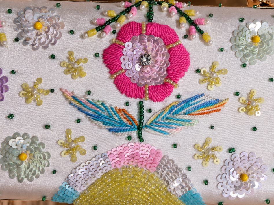 White floral pastel embroidery Clutch