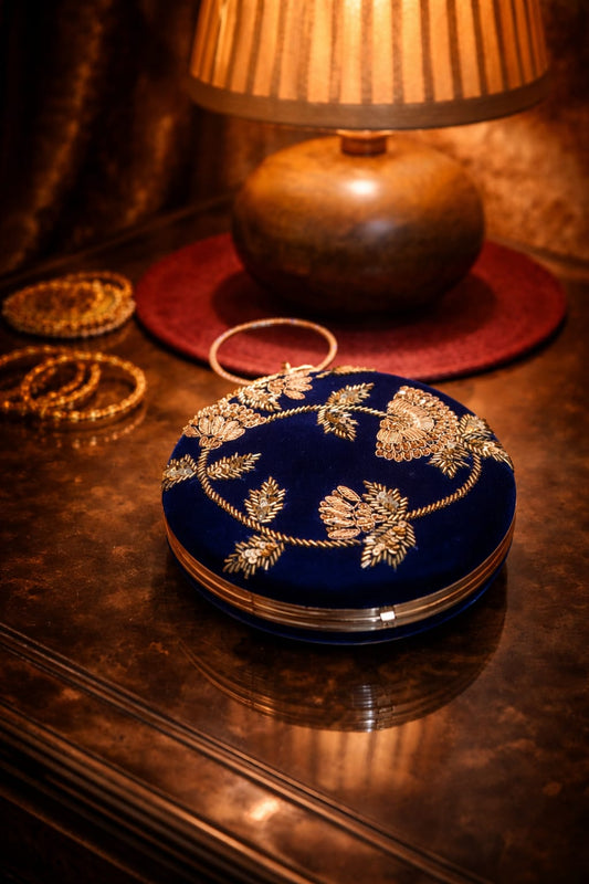 Round Embellished Velvet Clutch – Royal Blue