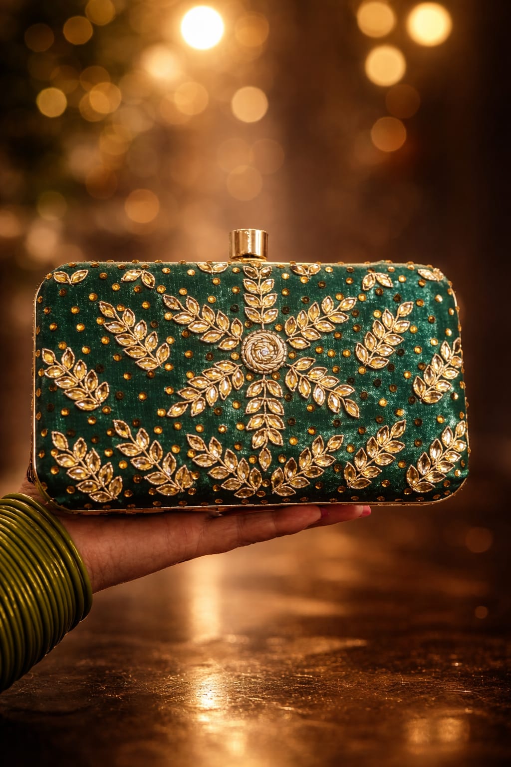 Green Embroidered Party Clutch