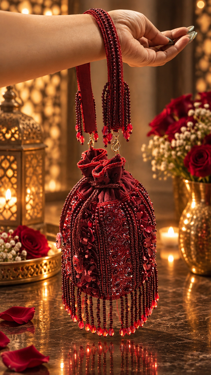 Crimson Royale – Hand-Embellished Beaded Potli Bag