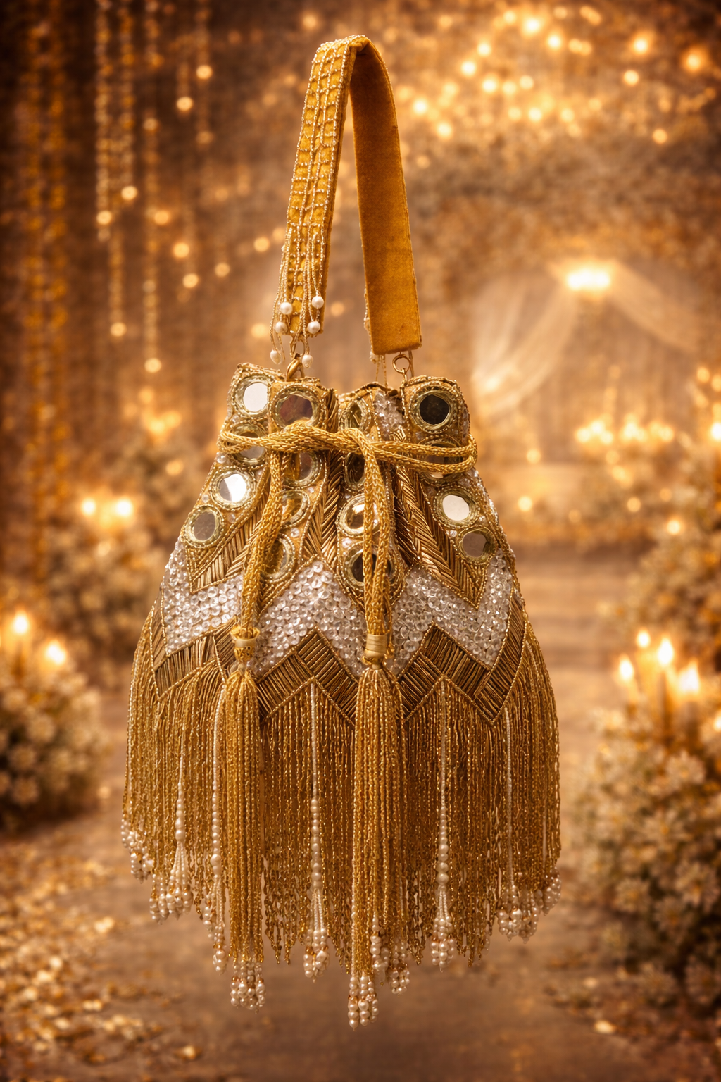 Gold & White Mirror Embellished Potli Bag