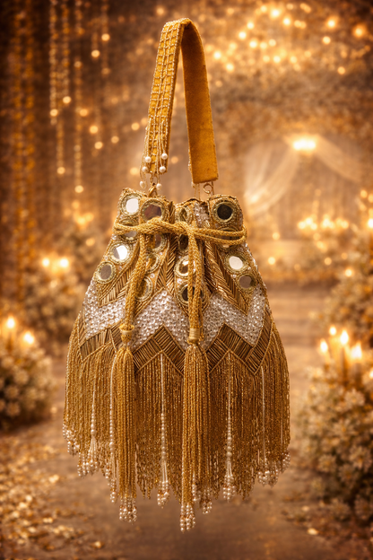 Gold & White Mirror Embellished Potli Bag