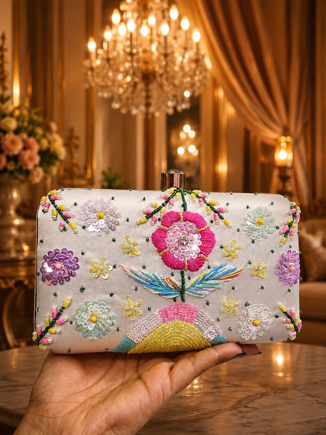 White floral pastel embroidery Clutch