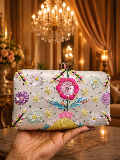 White floral pastel embroidery Clutch