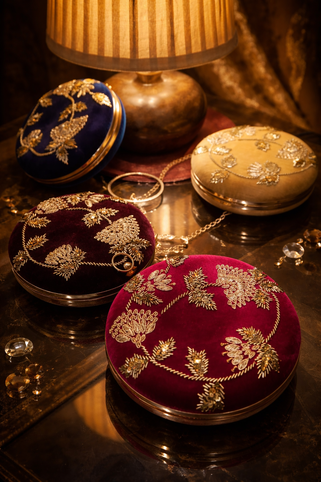 Round Embellished Velvet Clutch – Red