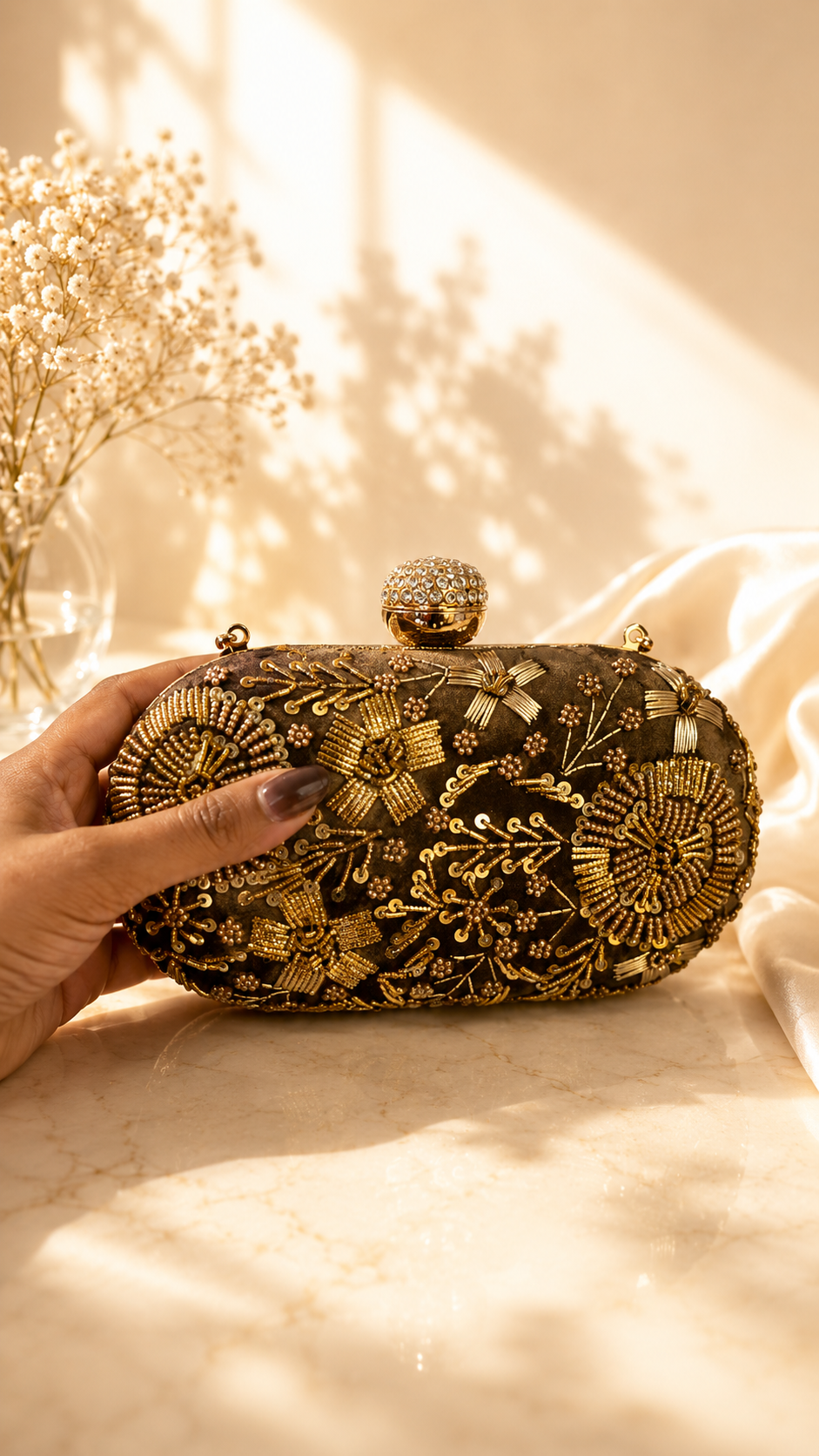 Golden Bloom Embellished Evening Clutch