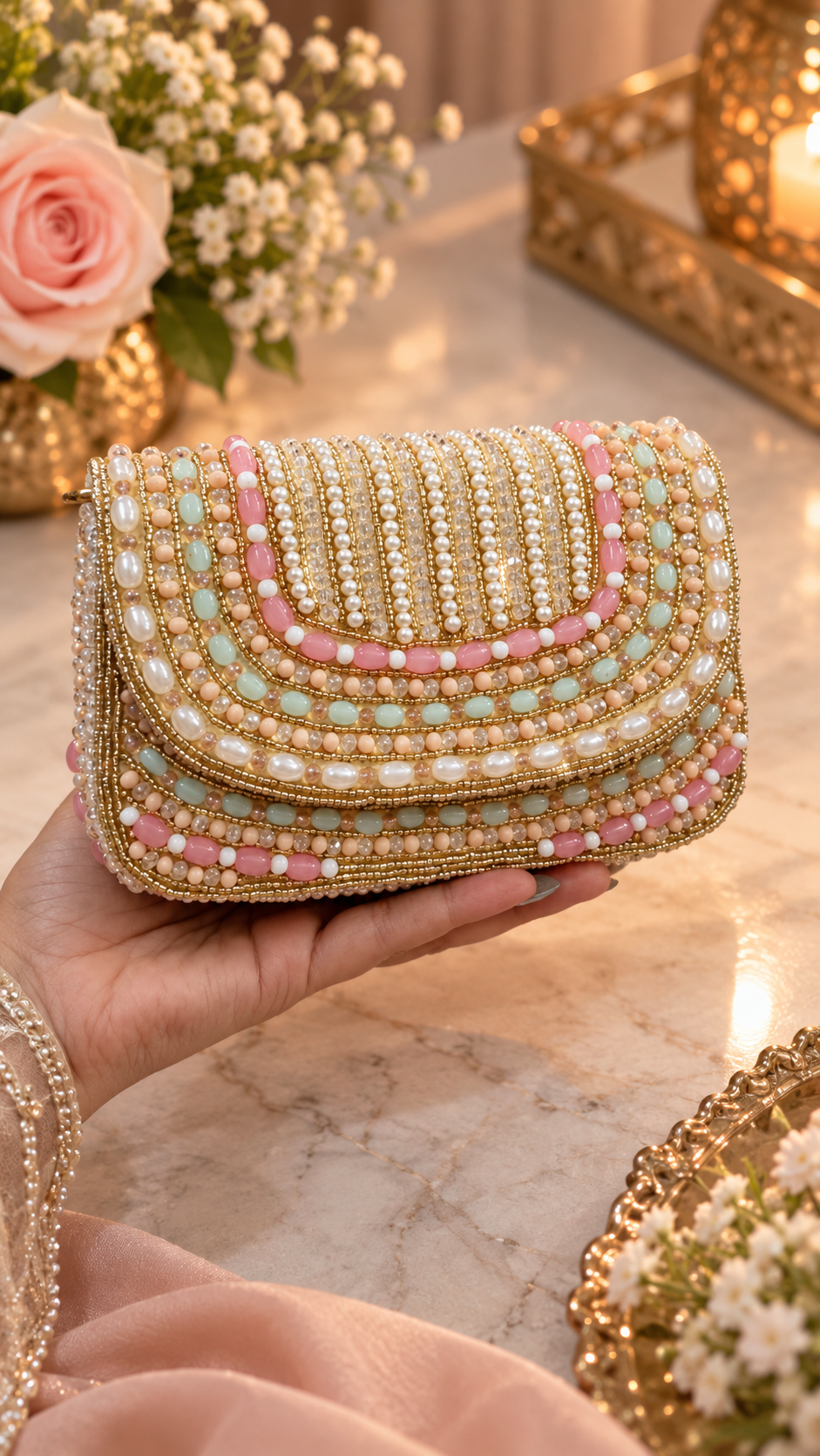 Pastel Pearl & Beaded Embellished Handbag