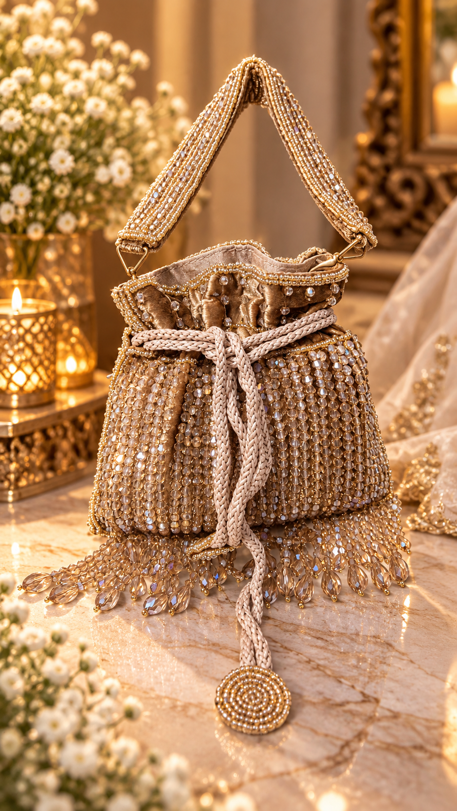 Champagne Crystal Cascade Mini Potli Bag