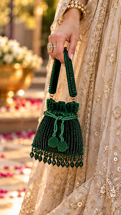 Emerald Luxe Beaded Mini Potli Bag