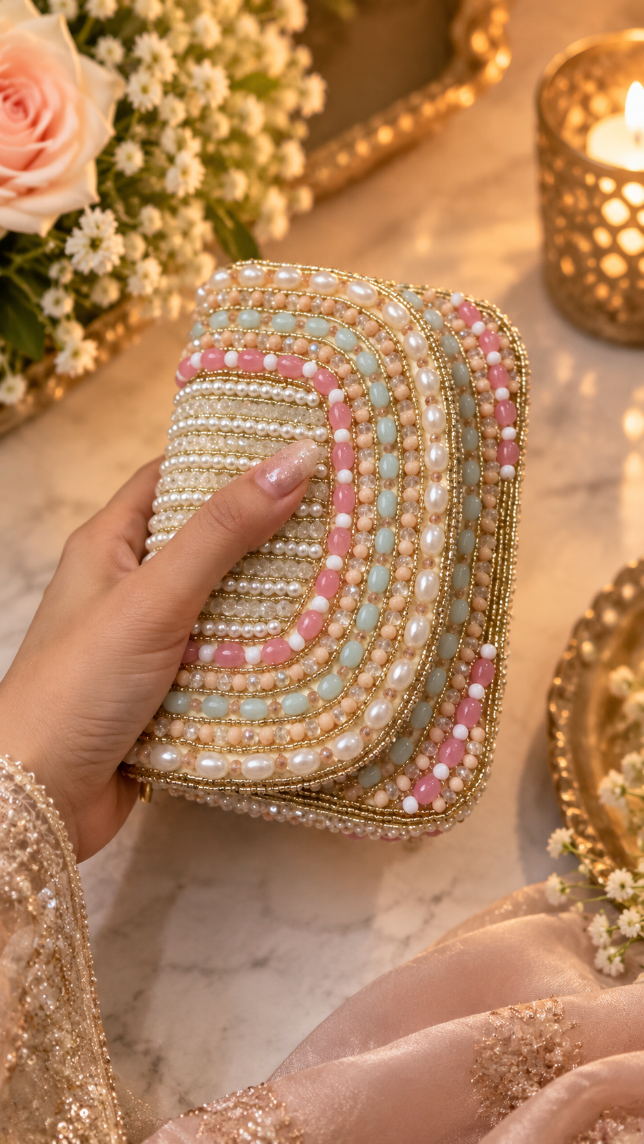 Pastel Pearl & Beaded Embellished Handbag