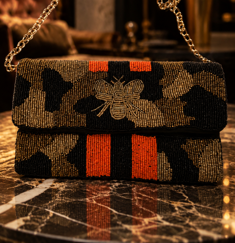 Midnight Bee Beaded Clutch