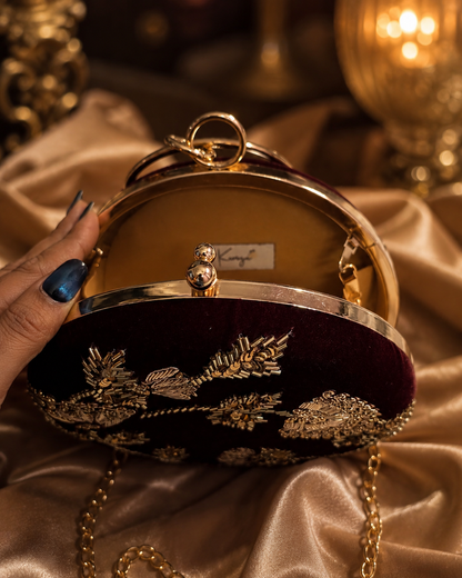 Round Embellished Velvet Clutch – Wine
