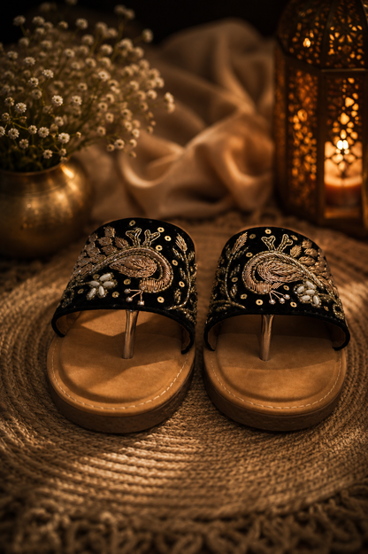 Komya Noor Embellished Sandals – Black & Gold
