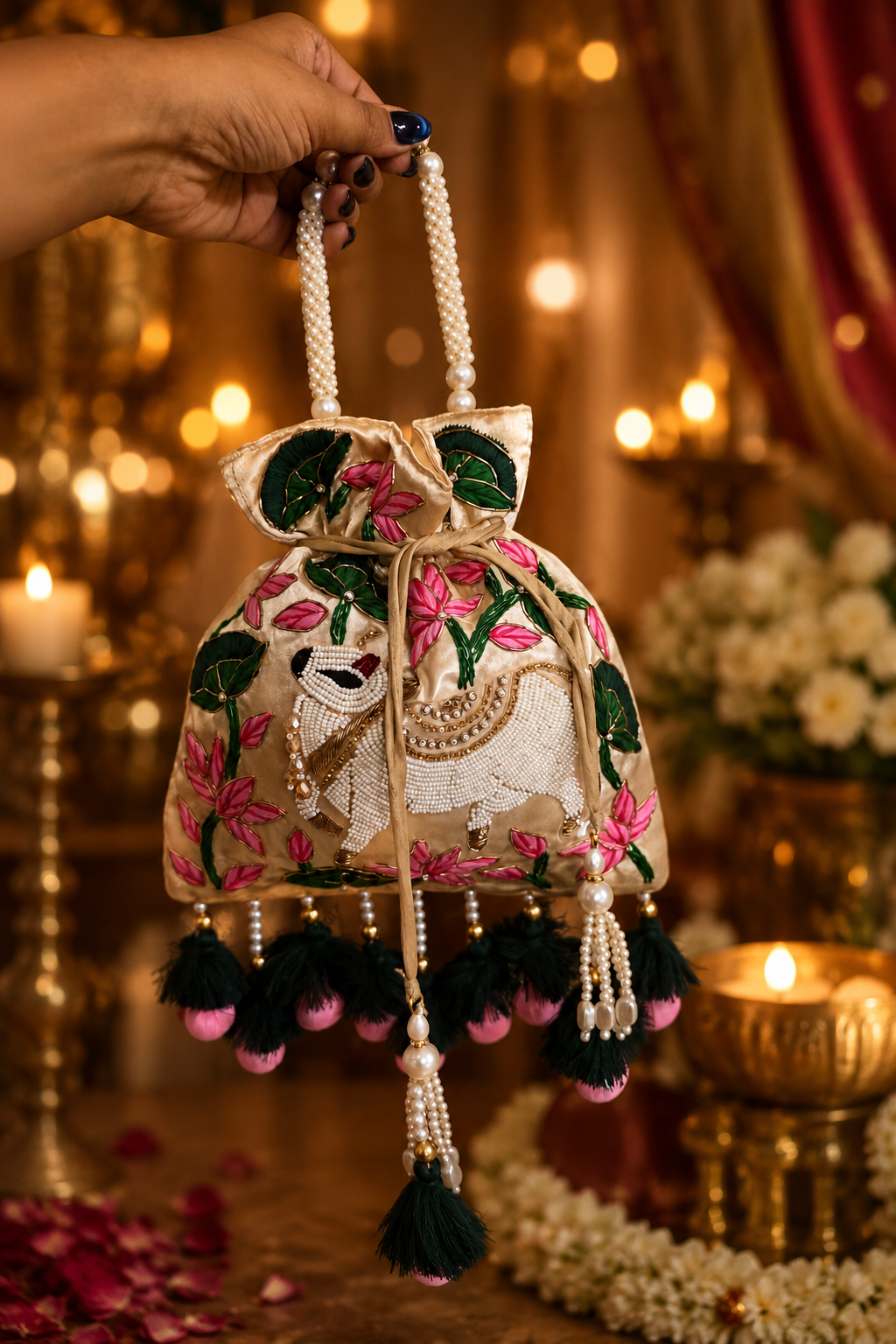 Pichwai ivory gold Potli Bag