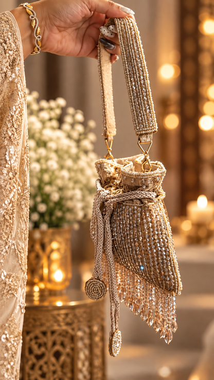 Champagne Crystal Cascade Mini Potli Bag