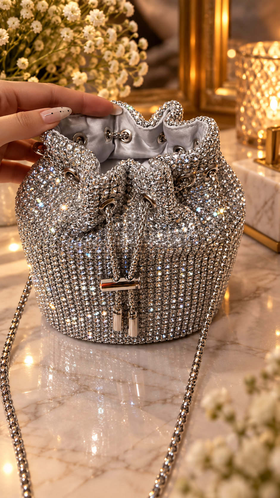 Silver Crystal Luxe Bucket Bag