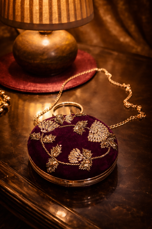 Round Embellished Velvet Clutch – Wine