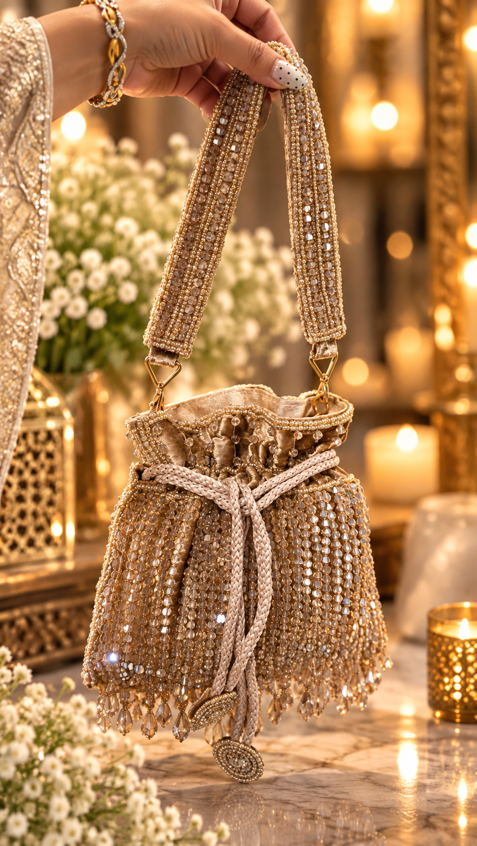 Champagne Crystal Cascade Mini Potli Bag