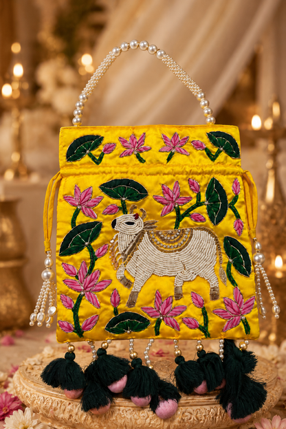 Pichwai Yellow Potli Bag