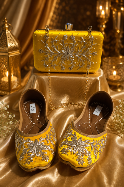 Mustard Yellow gold Jutti & Clutch Combo