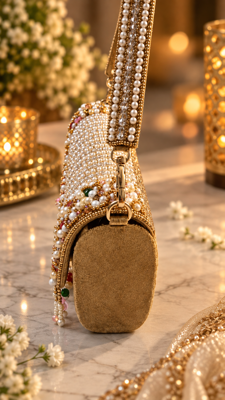 Pearl Cascade Embellished Gold Clutch