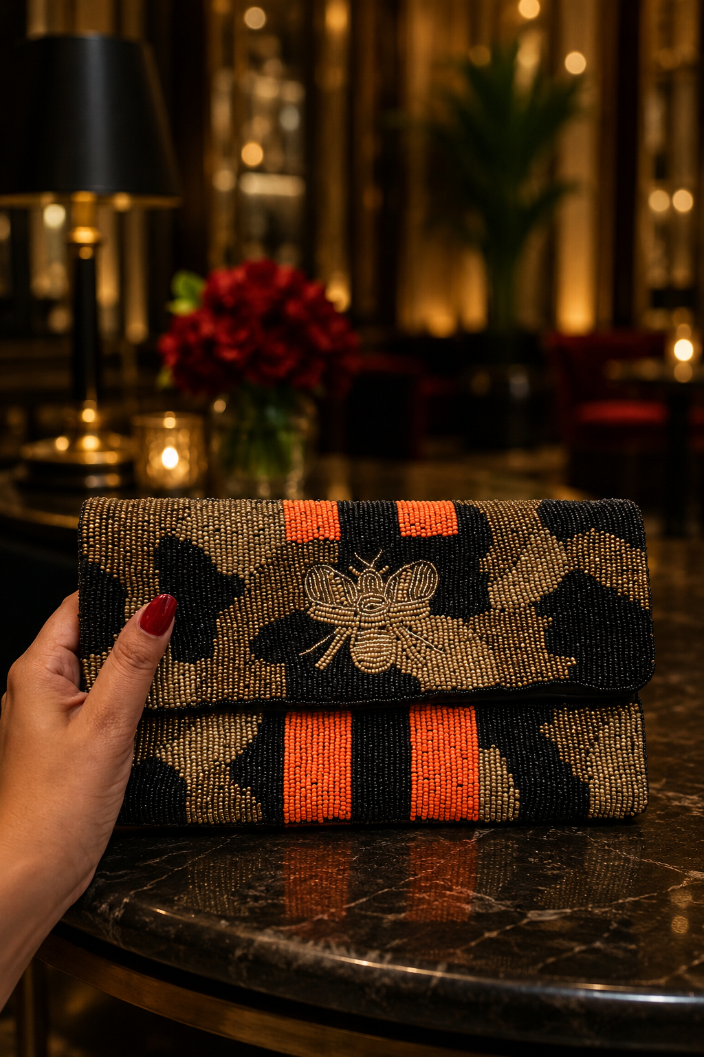 Midnight Bee Beaded Clutch
