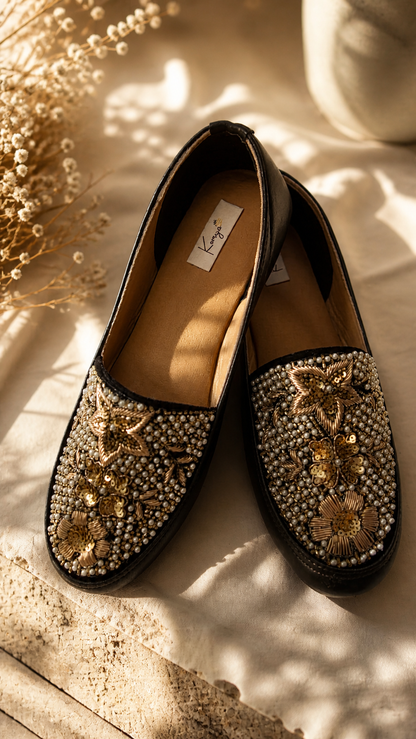 Royal Pearl Black Embellished Slip-On Shoes