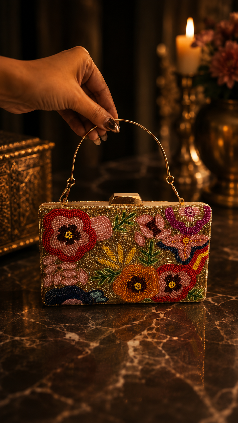 Floral Beaded Evening Clutch- Gold