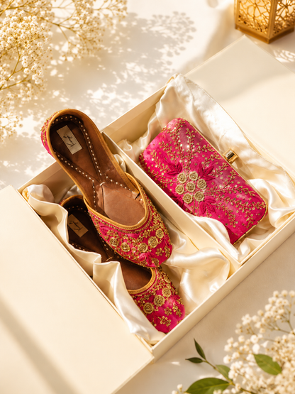 Rani Pink Zardozi Jutti & Clutch Bag Combo