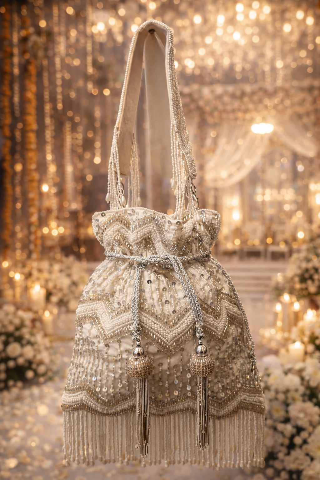 White & Silver Embellished Potli Bag