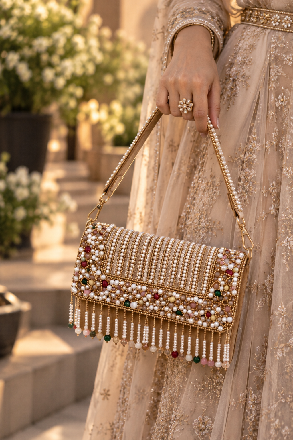 Pearl Cascade Embellished Gold Clutch