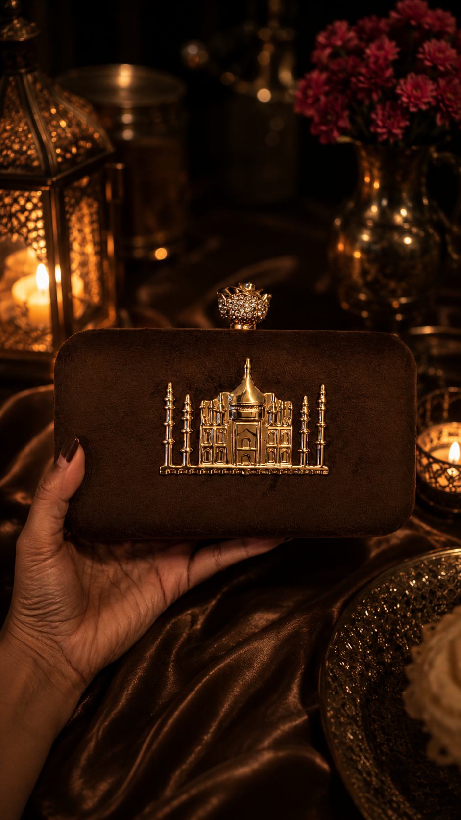 Taj Heritage Velvet Clutch – Chocolate Brown
