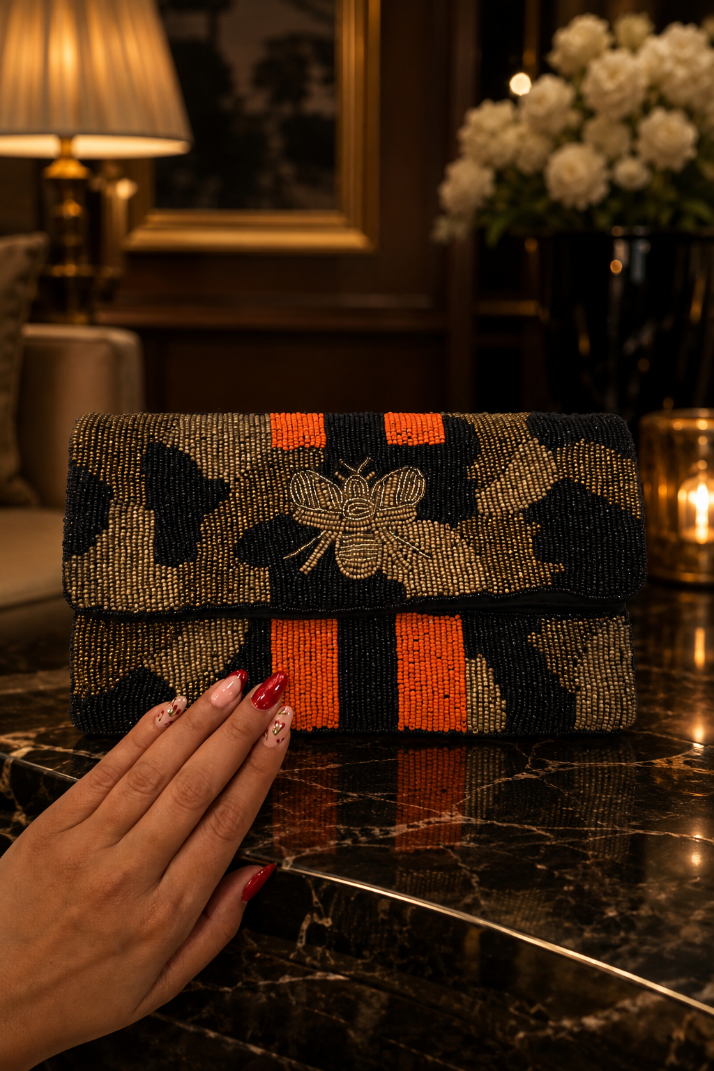 Midnight Bee Beaded Clutch