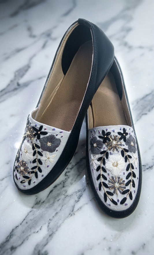 Black & White Floral Embroidered Slip-Ons
