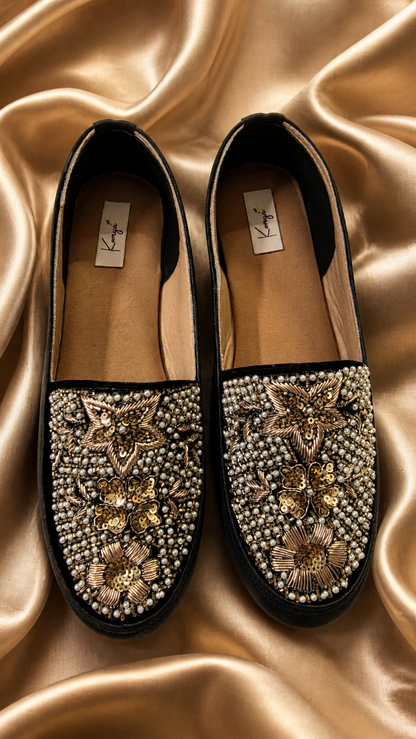 Royal Pearl Black Embellished Slip-On Shoes