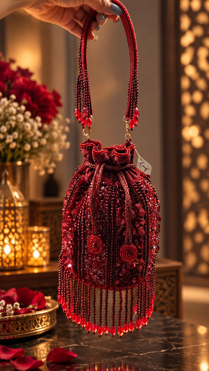 Crimson Royale – Hand-Embellished Beaded Potli Bag