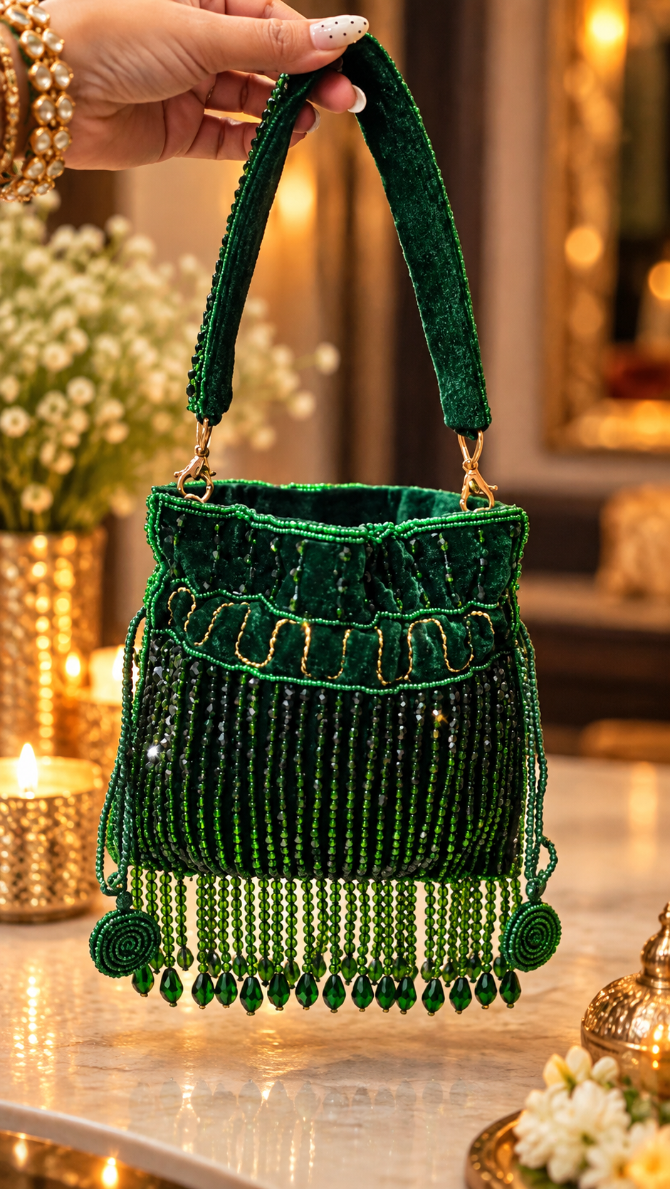 Emerald Luxe Beaded Mini Potli Bag
