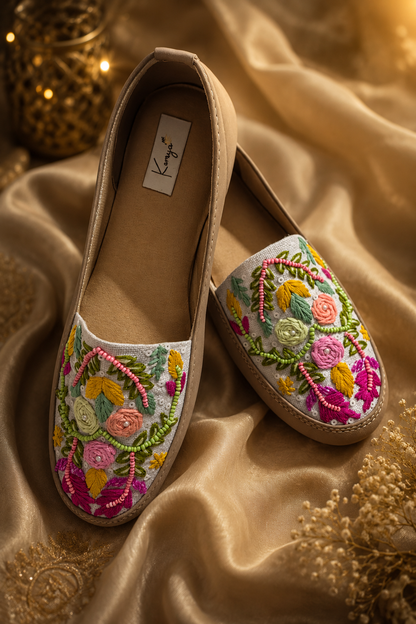 Beige/white embroidery with bead detailing Slip-On Shoes