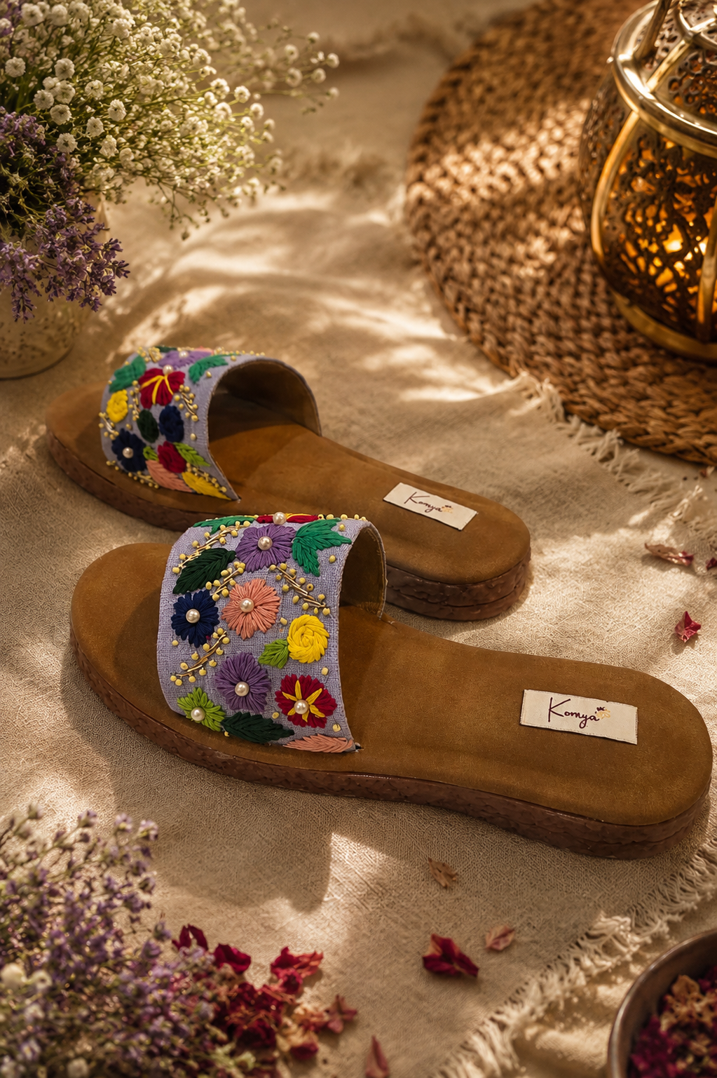 Lavender Bloom Embroidered Slides