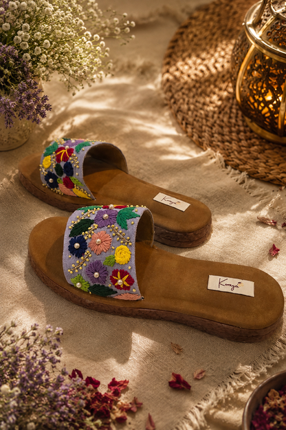 Lavender Bloom Embroidered Slides
