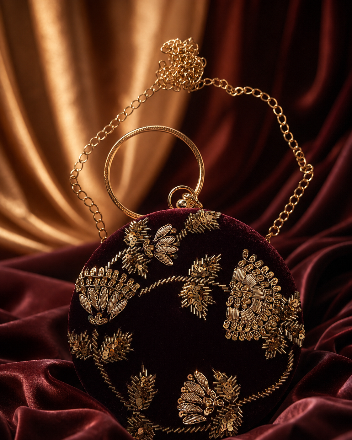 Round Embellished Velvet Clutch – Wine