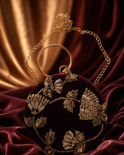 Round Embellished Velvet Clutch – Wine